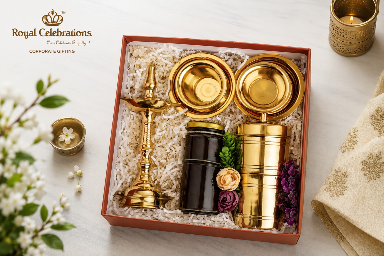 Brass pooja gift set with samai lamp, brass bowls, tumbler and nutty trail mix