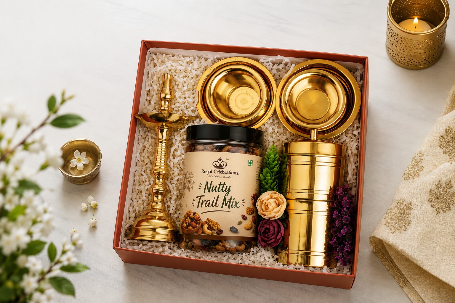 Brass thali gift set with samai lamp, brass bowls, tumbler and nutty trail mix