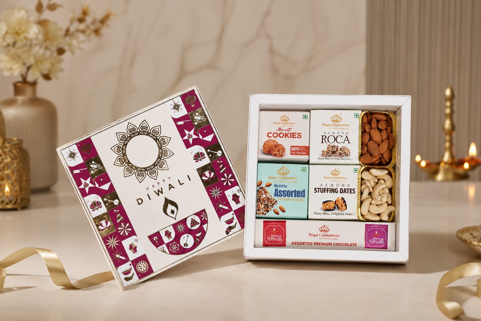 Happy Diwali cream and magenta box with cookies, roca and assorted chocolate