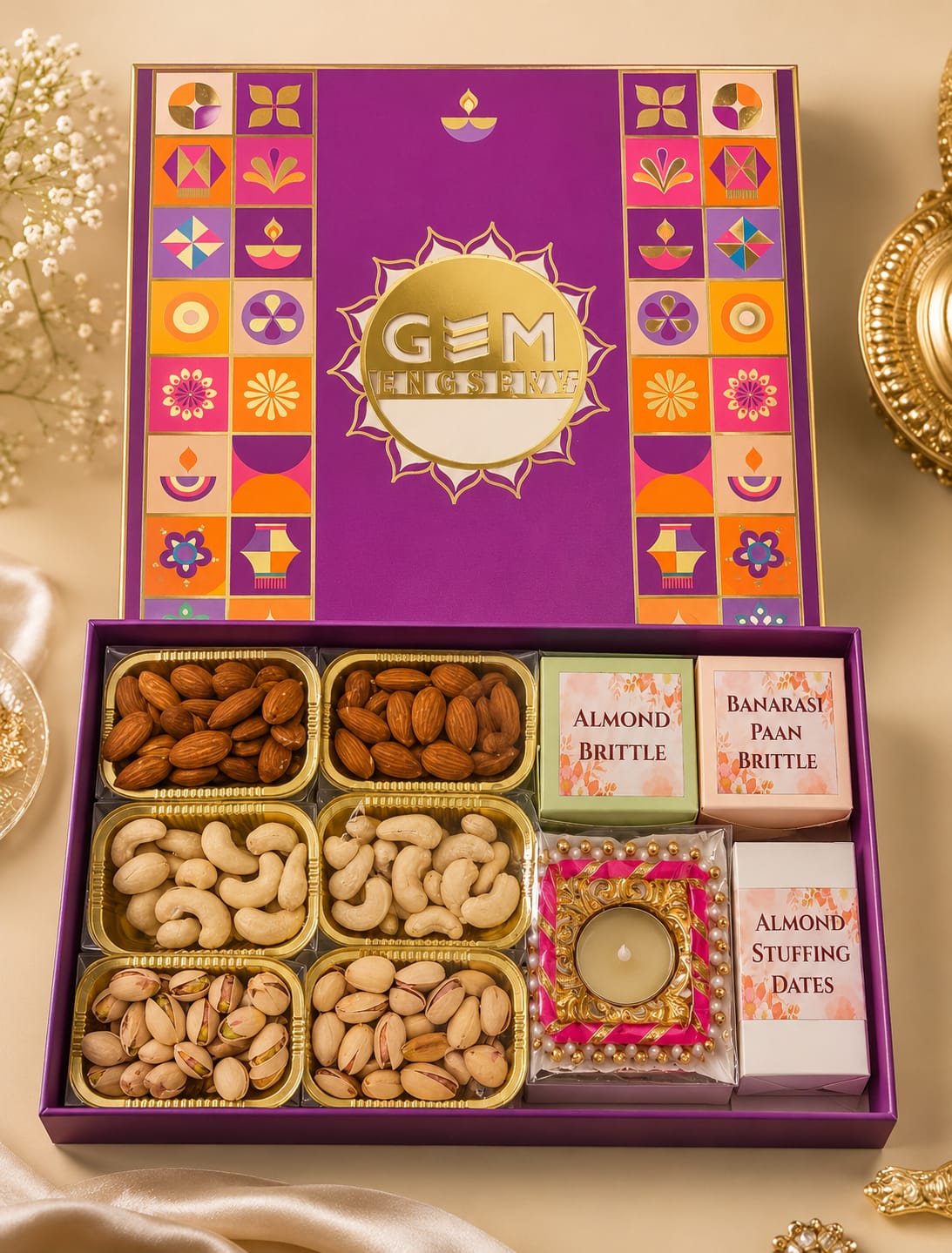 Purple branded Diwali dry fruit hamper with almonds, cashews, pistachios and brittle