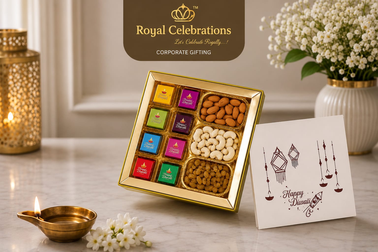 Diwali gold chocolate and dry fruit gift box by Royal Celebrations