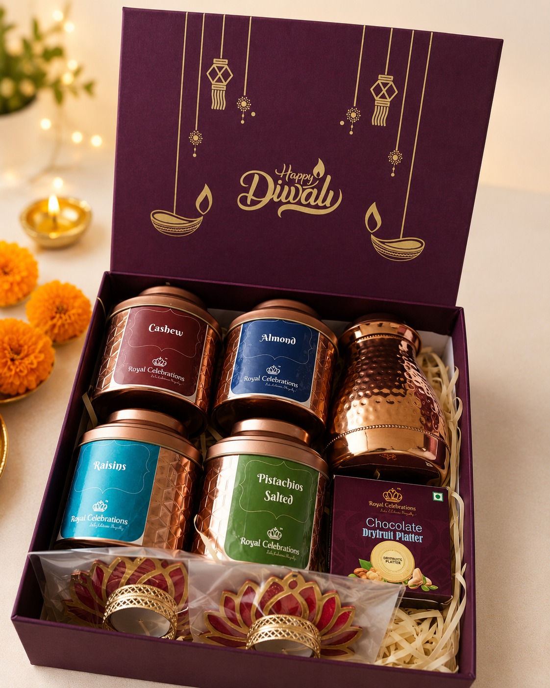 Diwali purple gift box with copper jars of cashew, almond, raisins and pistachios