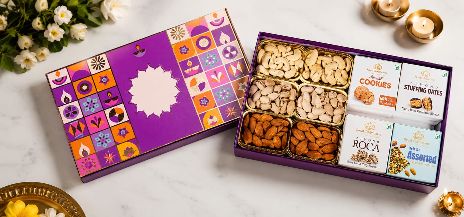 Purple geometric Diwali box with dry fruit tray and almond treats