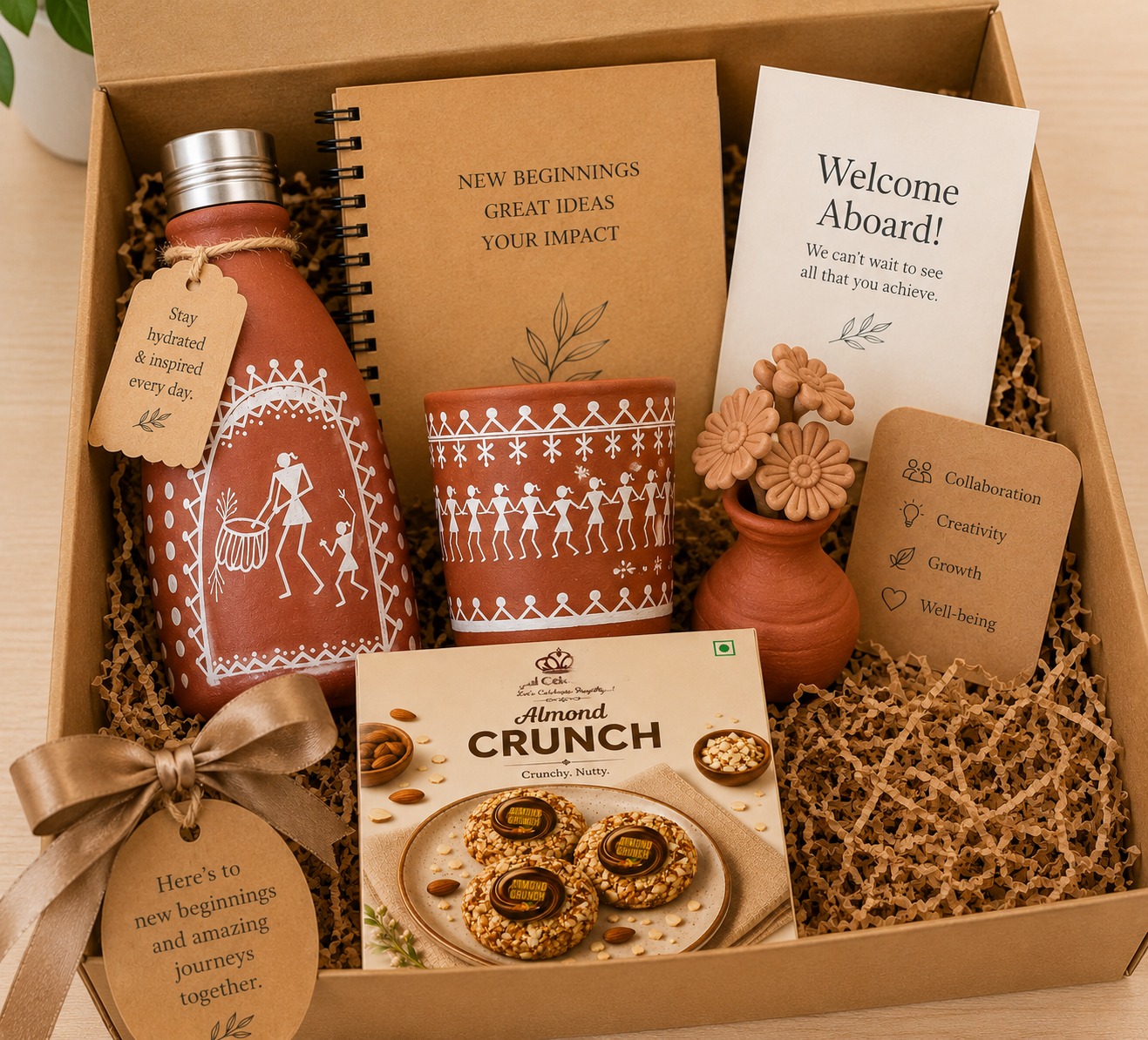 Eco welcome aboard onboarding kit with terracotta Warli bottle, notebook and almond crunch