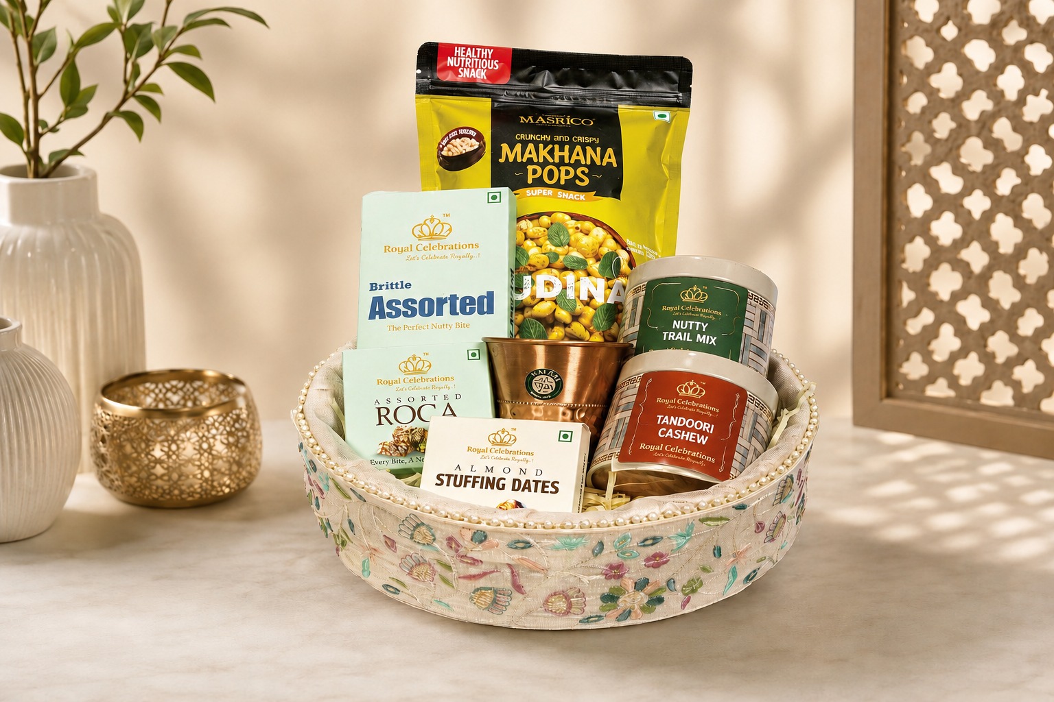 Embroidered dry fruit basket hamper