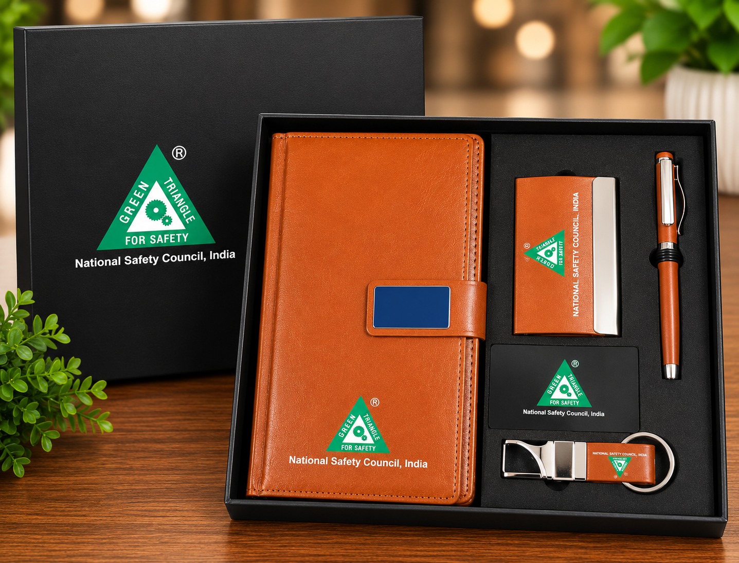 Branded leather diary, card holder, pen and keychain corporate gift set by Royal Celebrations