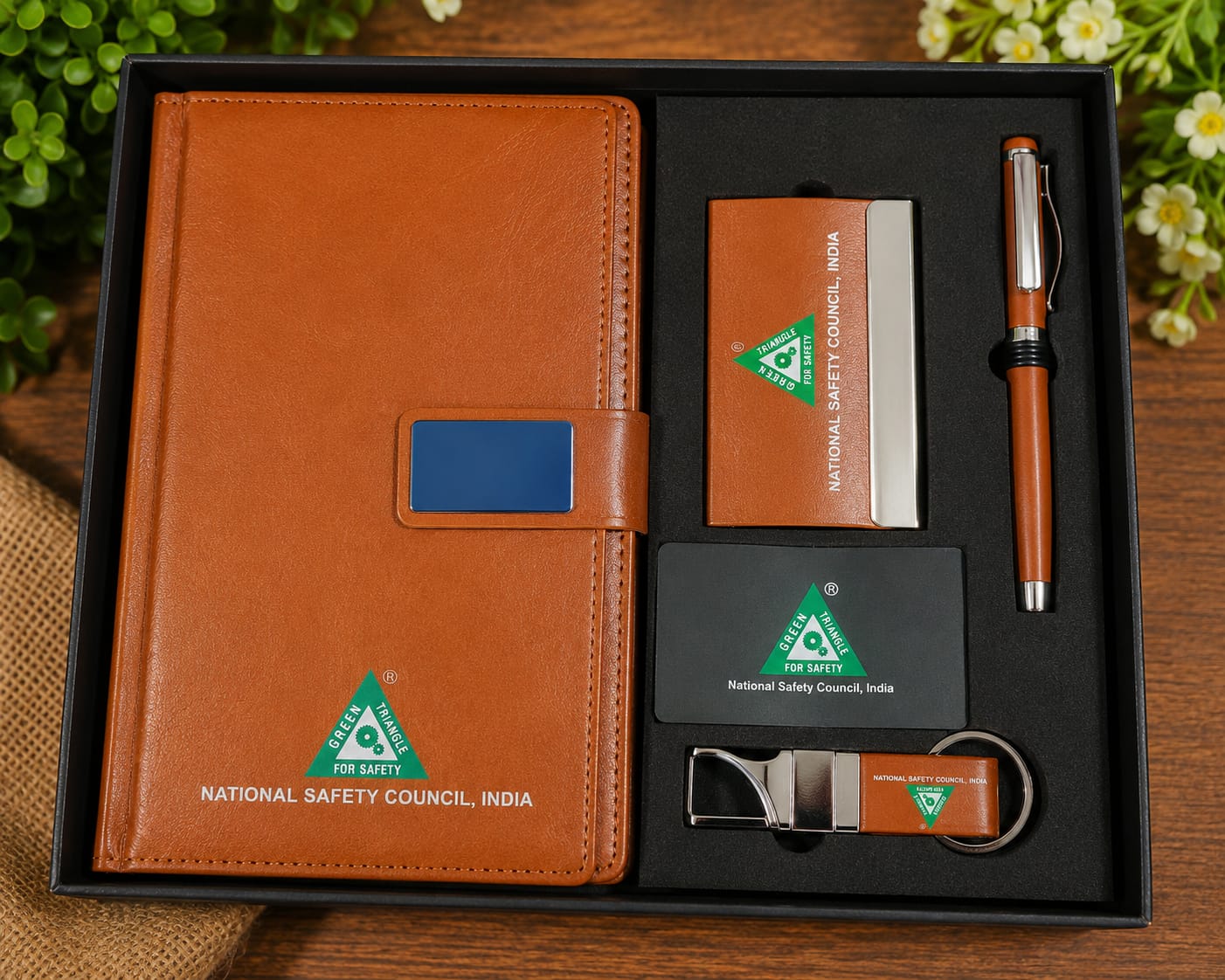 Branded leather diary, card holder, pen and keychain corporate gift set