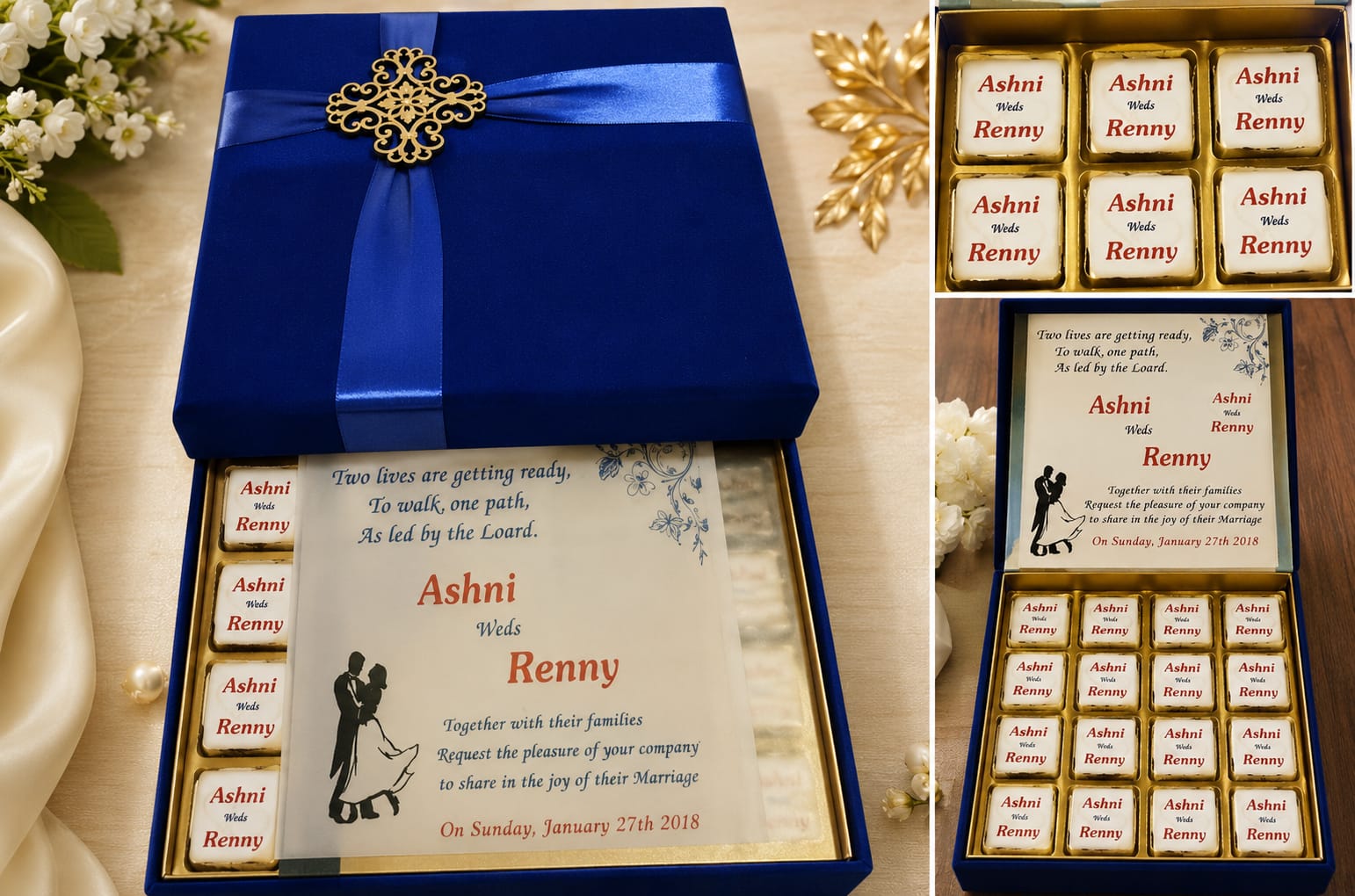 Royal blue wedding hamper with personalised couple chocolates and gold ribbon