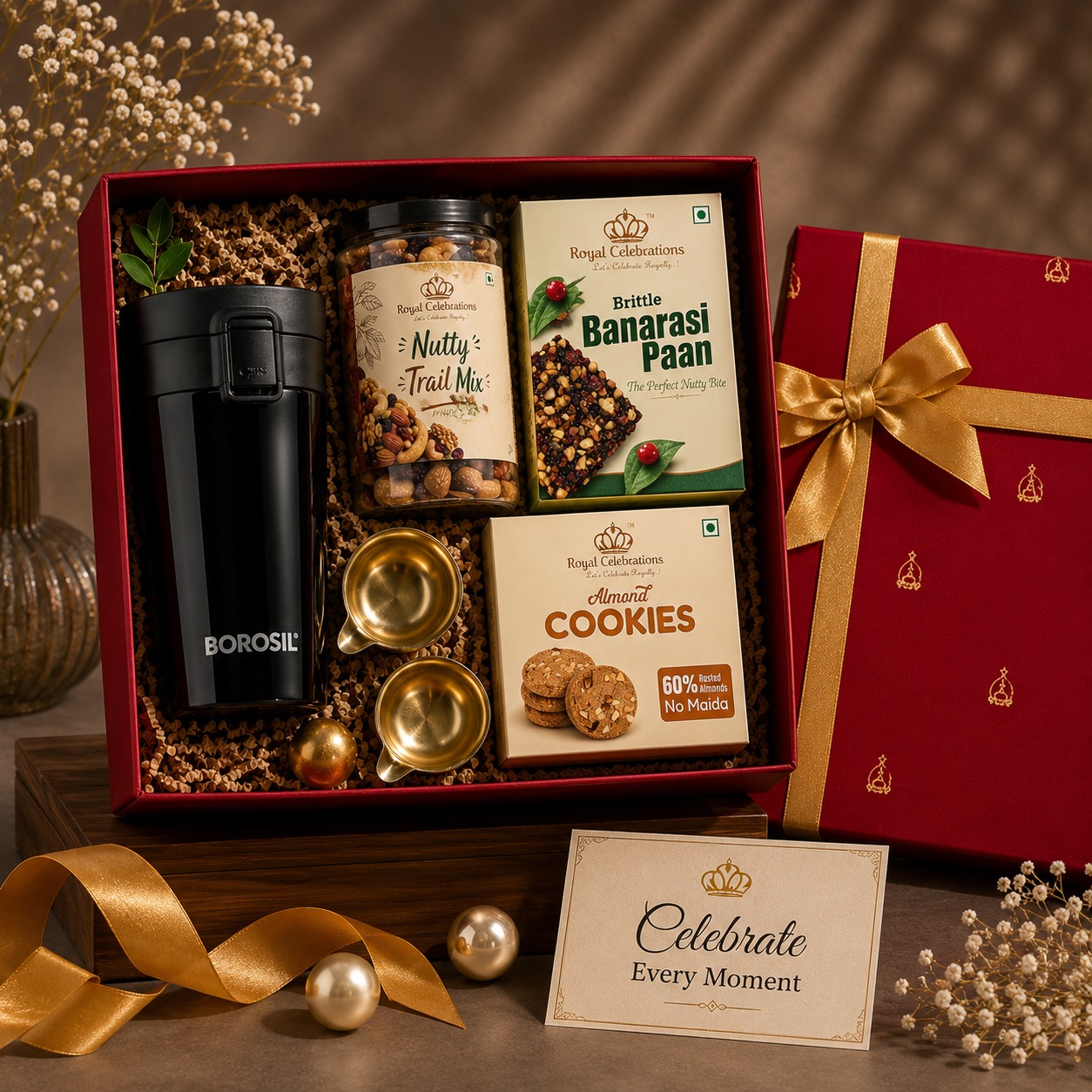 Royal Celebrations premium red and gold festive gift hamper with Borosil flask, dry fruits and brass diyas