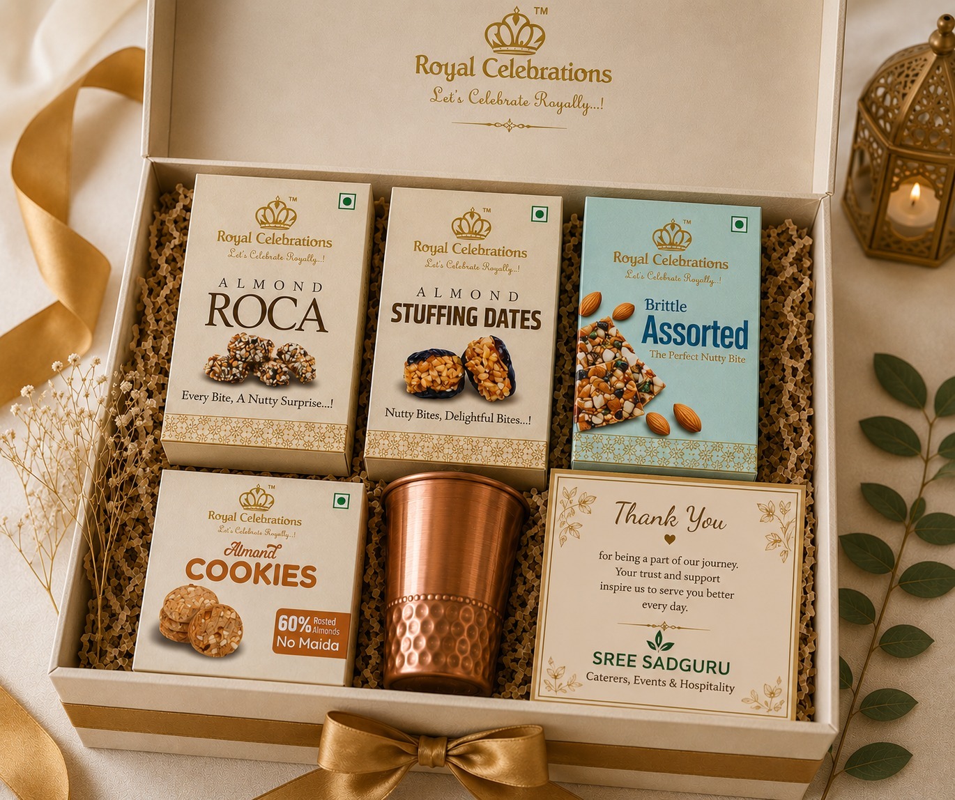 Corporate thank-you hamper with almond roca, stuffing dates, brittle assorted and copper tumbler