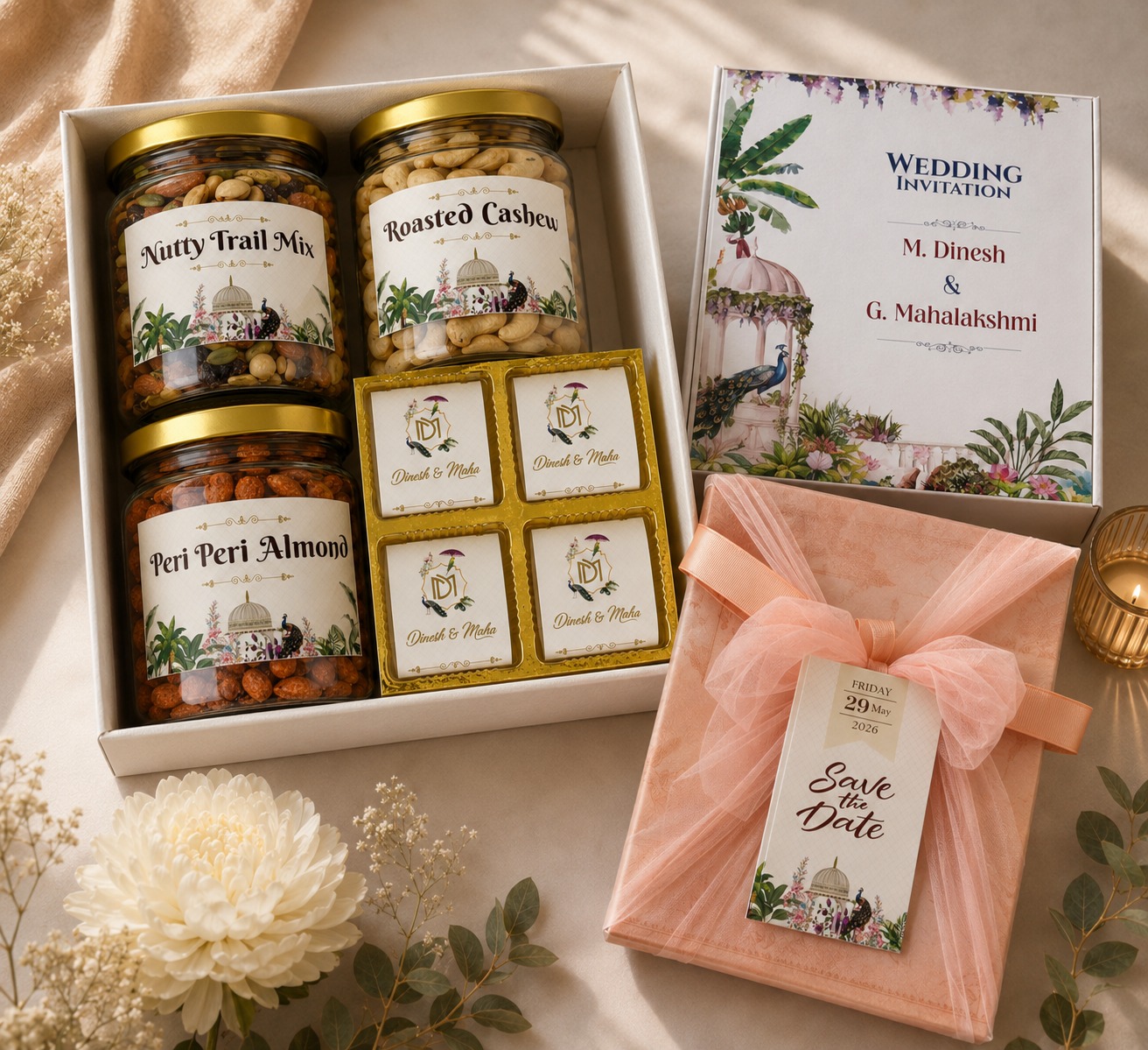 Wedding invitation dry fruit hamper by Royal Celebrations